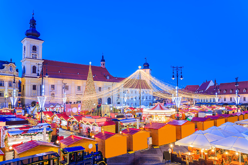 Sibiu, Romania. Christmas Market, famous winter fair in Transylvania.