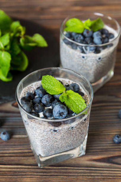 istock Healthy breakfast or morning with chia seeds vanilla pudding and blueberry berries on table background, vegetarian food, diet and health concept. Chia pudding with coconut milk and blueberry 1727809740
