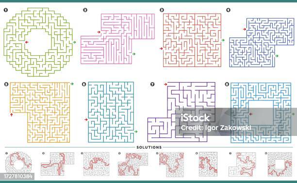 Maze Task Maze Puzzle Activities Graphs Set With Solutions Stock Illustration ...