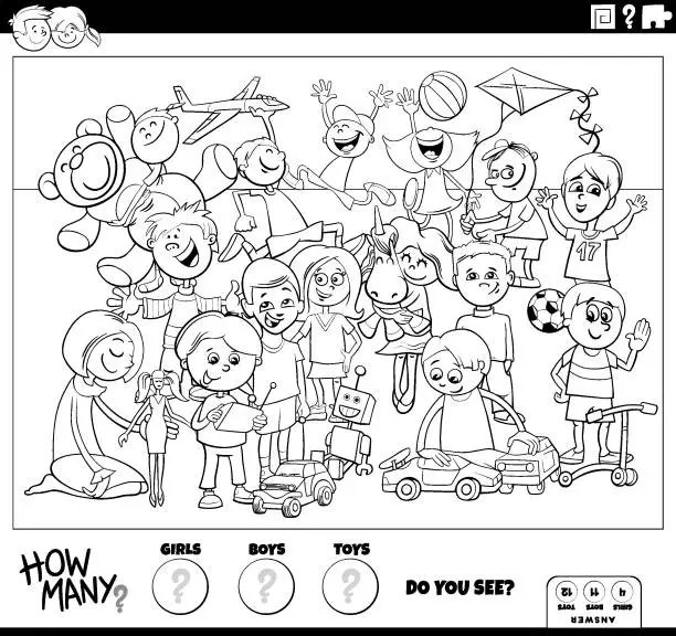 Vector illustration of counting cartoon children and toys educational activity coloring page