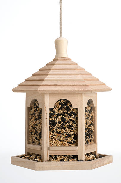 hanging pergola shaped wooden bird feeder filled with wild bird seed mix. 255 white background.