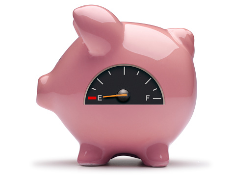 An empty fuel gauge on a piggy bankFor full fuel gauge version click on link below