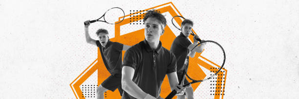 istock Handsome young man, professional tennis player standing with racket on abstract background. Contemporary art collage. 1727828737