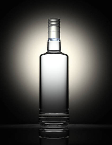 Clear vodka bottle isolated on black and gray background 3d rendered model of a vodka glass bottle. vodka stock pictures, royalty-free photos & images