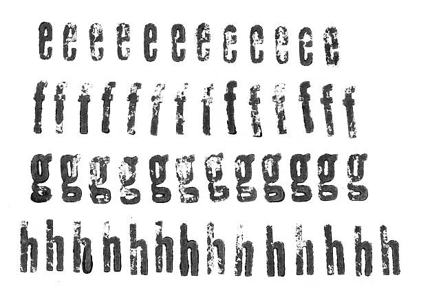 tipografía en minúsculas alphabets-e para h - letterpress rubber stamp lowercase alphabet fotografías e imágenes de stock