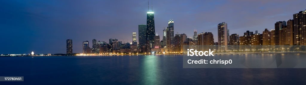 Panoramic View of the Northern Chicago Skyline at Dusk (XXL) A panoramic view of the Chicago lakefront skyline at dusk, viewed from the north. Navy Pier Stock Photo