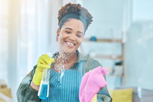 African woman, cleaning window with chemical spray and cloth, smile for hygiene and housekeeping or hospitality. Cleaner, liquid detergent and disinfectant, service or maintenance with labor and foam