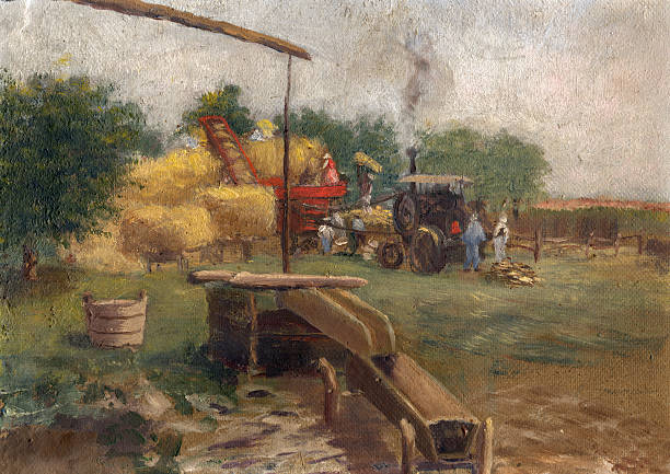 빈티지 타작 장면 - agricultural machinery retro revival summer farm stock illustrations