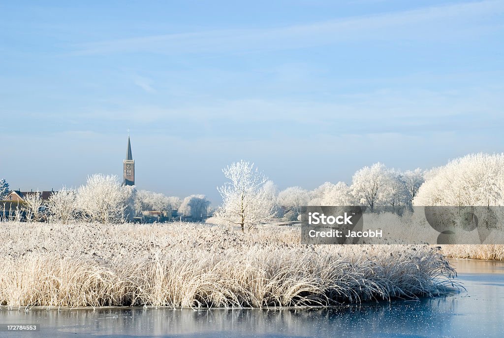 Winter Village Small village hidden behind frosted trees and bushes along a frozen canal. Location is Schermerhorn, Netherlands Blizzard Stock Photo