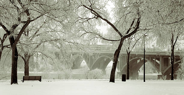 estação do centro da cidade de saskatoon parque com frost - south saskatchewan river imagens e fotografias de stock