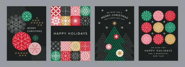 Vector illustration of Holiday Christmas Cards with Christmas Tree and Abstract Snowflakes