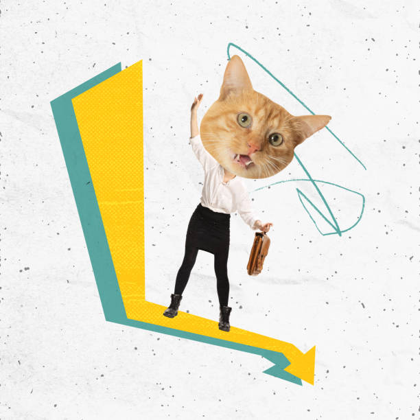 istock Contemporary art collage. Young Female employee with giant cats muzzle on head standing financial arrowas. Strategies 1727848778