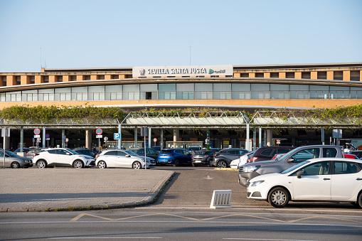 Seville, Spain; May 26th 2023: Santa Justa Train Station in Seville (Spain). Main train station of Seville. Front view of the train station.