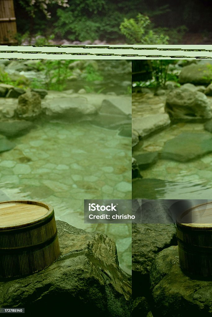 Seau en bois par un bain d'eau de sources chaudes, Hakone, Japon - Photo de Source naturelle libre de droits
