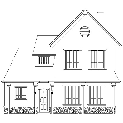 Outline two-story house with porch isolated on white background. Vector clipart.