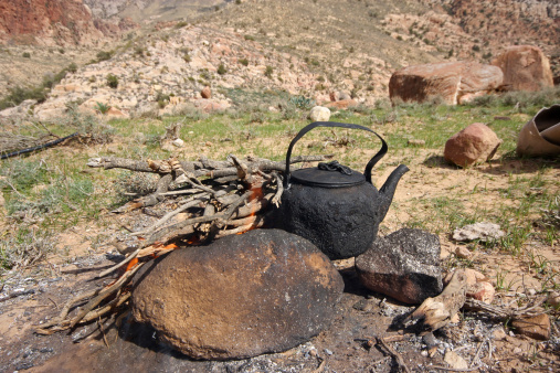 Arab bedouins making a tea in the wild