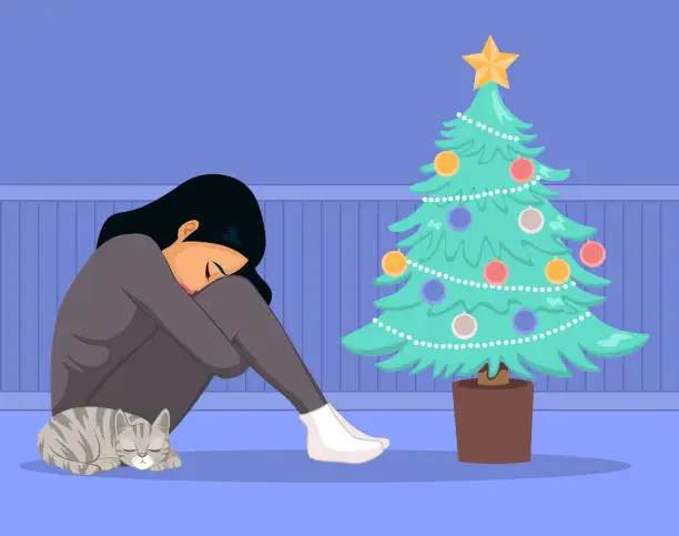 Vector illustration of Lonely Depressed Young Woman Christmas Time