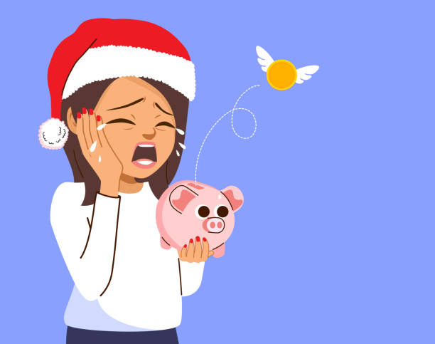 Woman Crying After Spending Money on Christmas Time Female Young adult person crying being broke for Christmas holiday spending. Sad woman having no savings holding piggybank with flying coin being poor concept after buying all xmas presents money cry stock illustrations