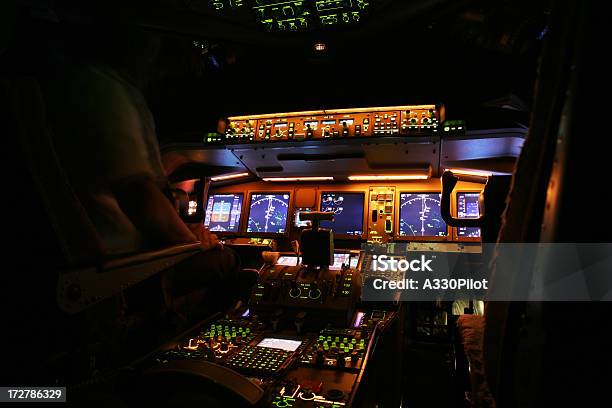 An Airplane Cockpit At Night Time Stock Photo - Download Image Now - Autopilot, Aerospace Industry, Dial
