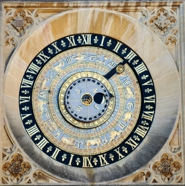 Hampton Court Clock "The astronomical clock is in Hampton Court Palace in London (UK).It was made in 1540 for Henry VII.  It shows the hour, month, day, and the phases of the moon and the time of high water at London Bridge. According to the clock, the sun revolves around the EarthaA|.. :-)" hampton court stock pictures, royalty-free photos & images