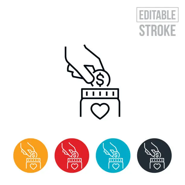 Vector illustration of Hand Putting Coins Into Donation Jar Thin Line Icon - Editable Stroke