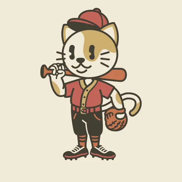 Vector illustration of Cute Cat Baseball Player Mascot Vintage Isolated