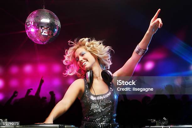 Female Dj In Action Stock Photo - Download Image Now - DJ, Record - Analog Audio, Disco Ball