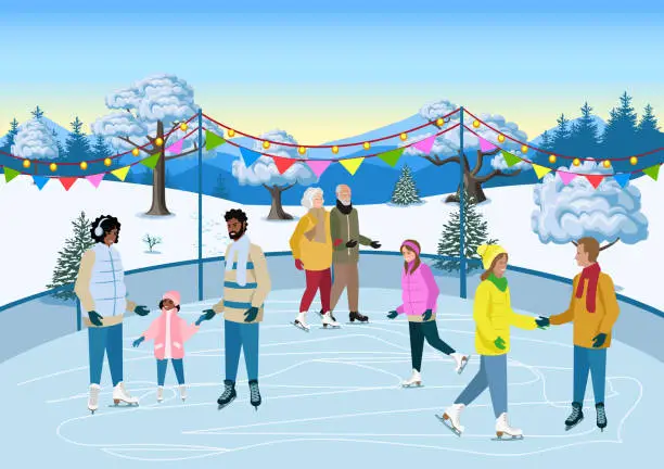 Vector illustration of People skating on an ice skating rink