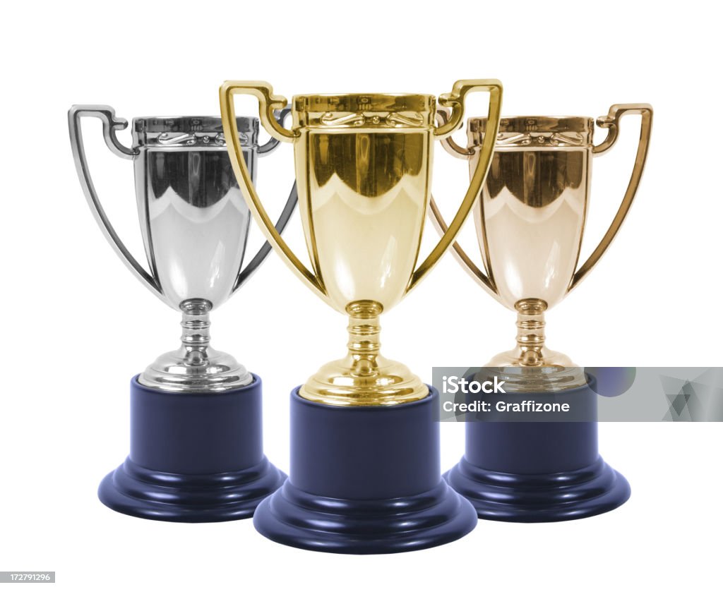Trophies Gold silver and bronze trophies on a white background. Three Objects Stock Photo