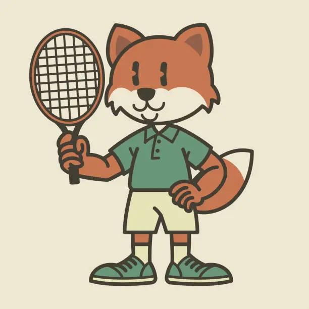 Vector illustration of Happy Tennis Fox Player Cartoon Vintage