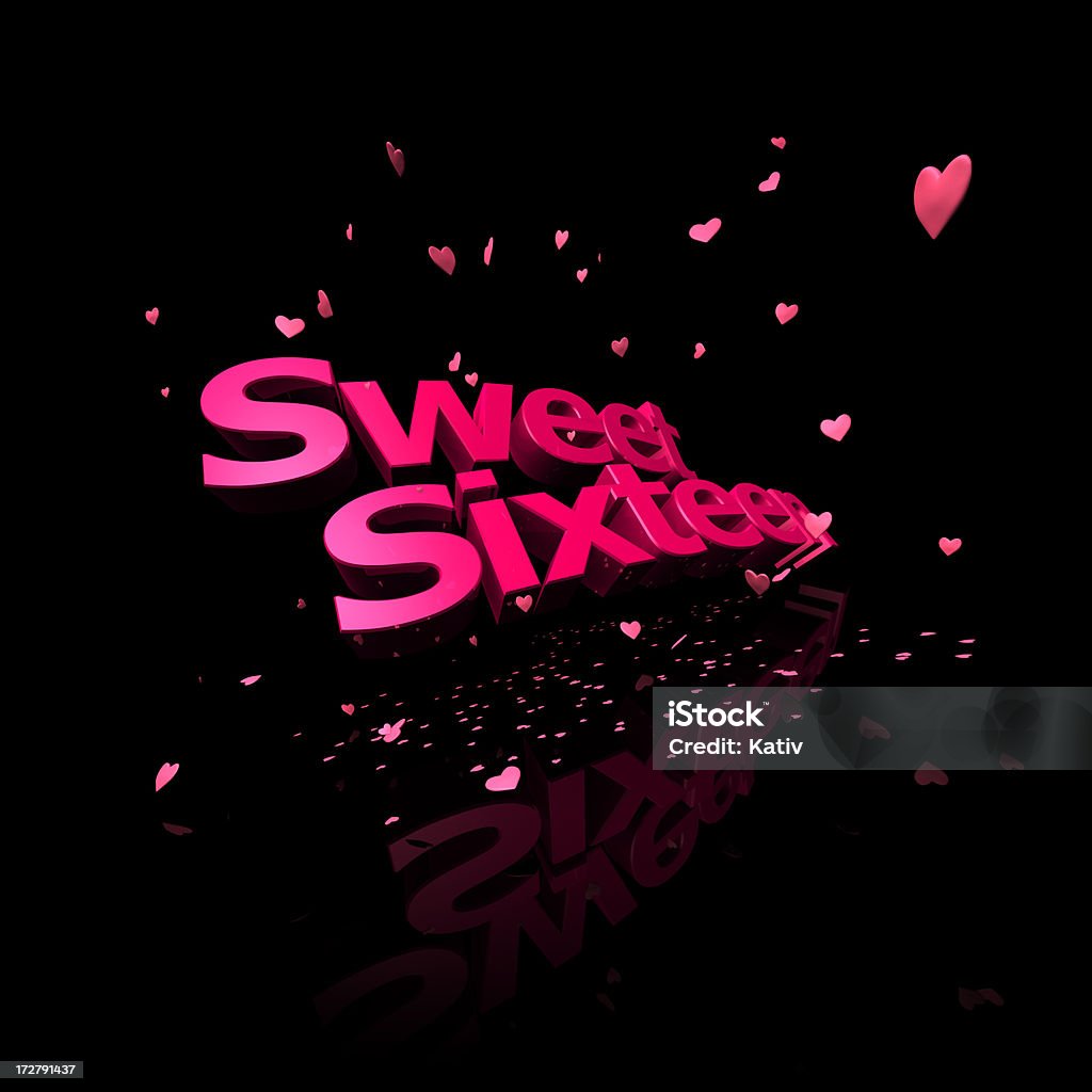 Sweet Sixteen Sweet Sixteen on black background with heart shaped confetti falling down. Black Background Stock Photo