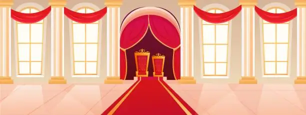 Vector illustration of King and queen indoor palace interior. Royal thrones into ballroom. Carpet in hall. Medieval museum. Gold castle. Window and red curtains. Imperial armchairs. Vector cartoon background