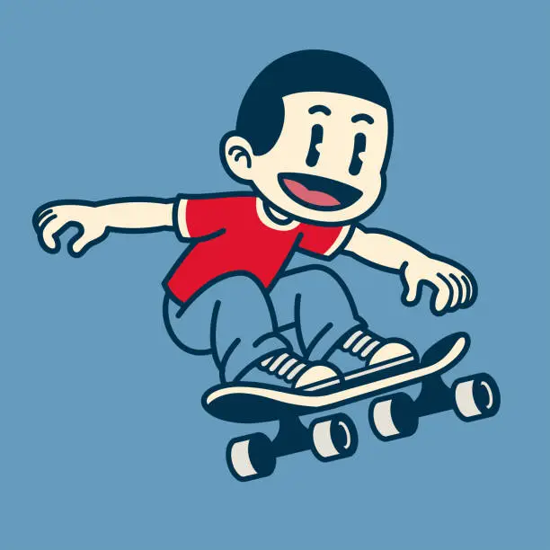 Vector illustration of Happy Boy Playing Skateboard Cartoon Vintage