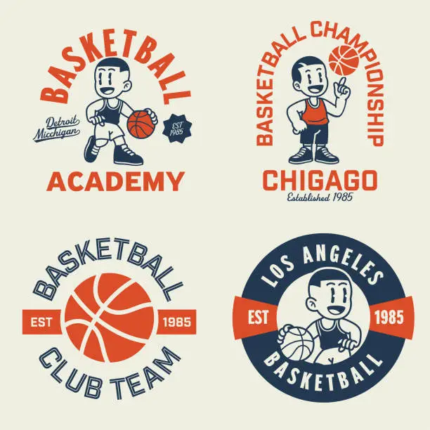 Vector illustration of Cute Basketball Logo and Mascot set in Vintage Retro Style