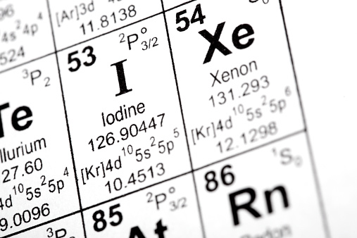 Chemical element symbols for iodine and xenon from the periodic table of the elements. Taken from public domain periodic table from nist.gov. Similar images of other elements are available for viewing in the Science Elements lightbox.