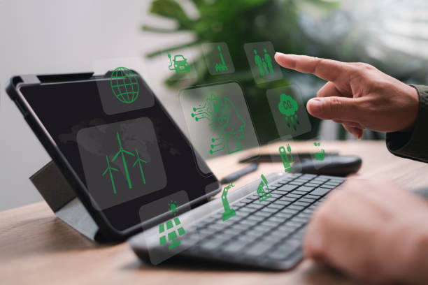 istock Renewable energy-based green businesses Industrial technology and environmental conservation concept, Businessman use Ai intelligent system for business work reducing pollution caused by industry 1727925444