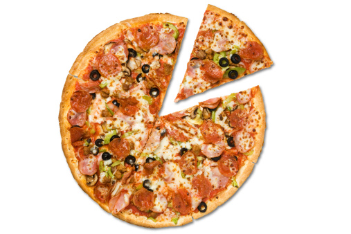 A pizza with a slice removed.  Isolated on white with clipping path.
