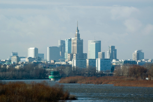 Warsaw city centre with Vistula river and Palace of Culture and Science (the highest in the middle).Search: