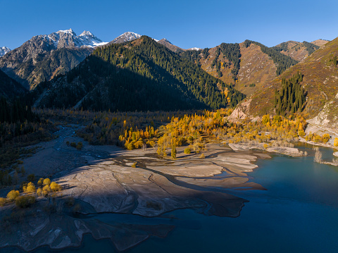 A picturesque view from a quadcopter at the mouth of the Issyk mountain river flowing into a lake in the Trans-Ili Alatau mountains near the Kazakh city of Almaty