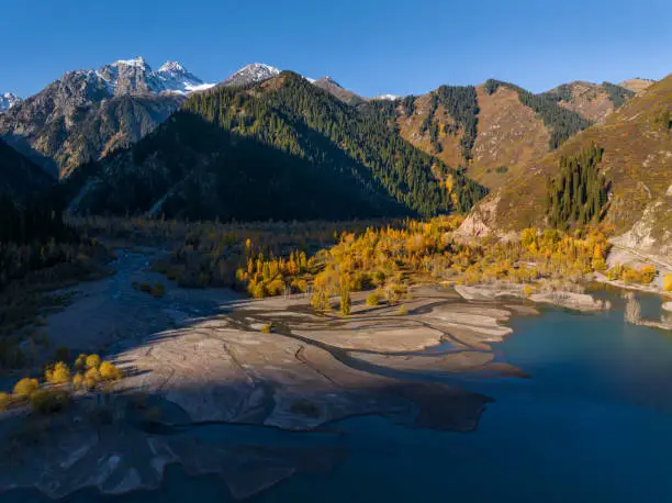 Photo of A picturesque view from a quadcopter at the mouth of the Issyk mountain river flowing into a lake in the Trans-Ili Alatau mountains