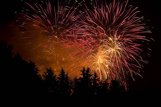 Picture of red fireworks in woods with little bit smoke from the previous fireworks.
