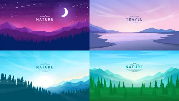 Vector illustration of Bright night sky, sunset on the lake, mountains and forest.