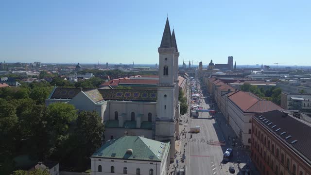 Magic aerial top view flight 
Church St Ludwig City town Munich Germany Bavarian, summer sunny blue sky day 23. overflight flyover drone
4k cinematic footage