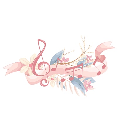 Music and pink flowers vector illustration. Cartoon isolated cute floral spring composition with treble clef and notes of symphony and wave of silk ribbon, romantic music melody for listening