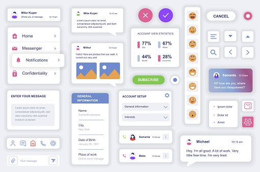 User interface elements set for messenger mobile app. Kit template with HUD diagrams, navigation buttons, chat messages, emoticons, profile statistics. Pack of UI, UX, GUI screens. Vector components.