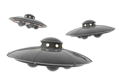 Three flying saucers on a white background.This is a detailed 3d rendering.