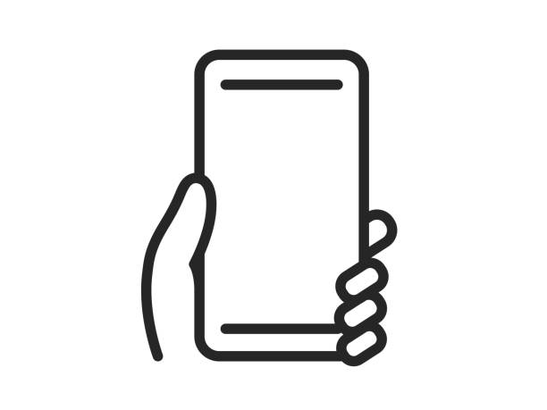 стокові ілюстрації на тему ілюстрація піктограми руки (лінійний малюнок), що тримає смартфон. - утримання