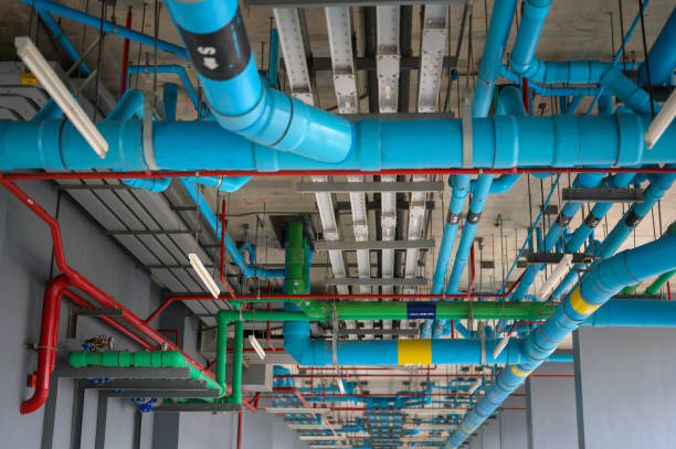 istock Open system Water mains and drainage under ceiling of building in condominium parking floor  Plumbing piping concept. 1727962021