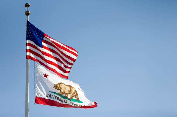 Two flags against a light blue California sky.