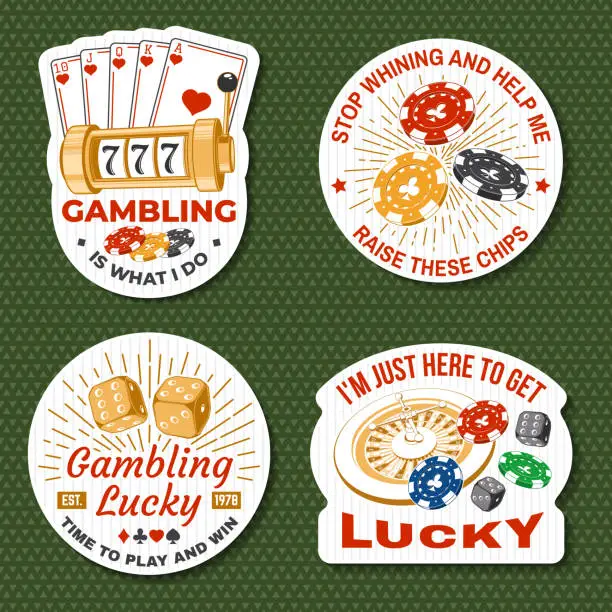 Vector illustration of Gambling sticker, print, logo, badge design with wheel of fortune, two dice and casino slot machines. Vector. Wheel of fortune, two dice and casino slot machines for gambling industry.